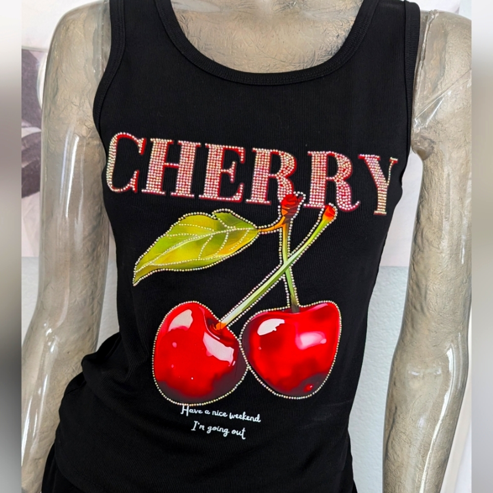 L/C Lizette Collection Cherry Crystal Embellished Ribbed Tank Larg…